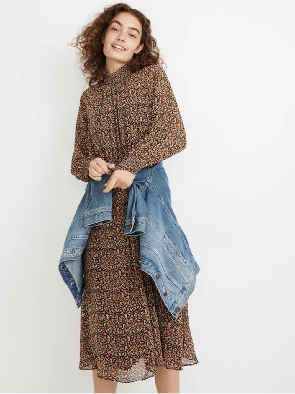 Madewell Floral Smocked Midi Dress Black autumn wedding guest dress
